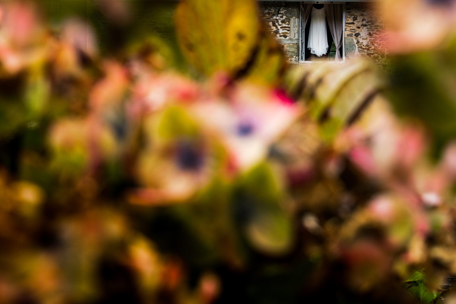 La robe de mariée aperçue derrière les fleurs du jardin — préparatifs au Château de la Roque — Arnaud Chapelle