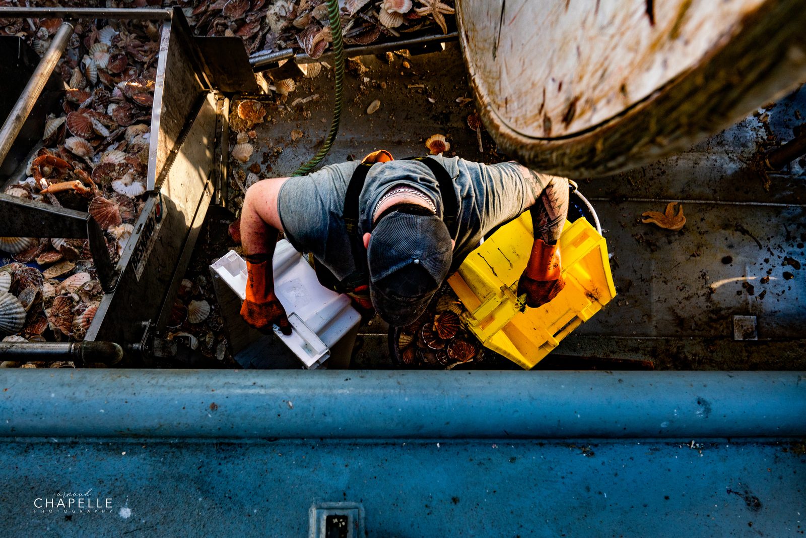 Vue d'en haut : un marin et sa caisse jaune de coquilles Saint-Jacques — Arnaud Chapelle