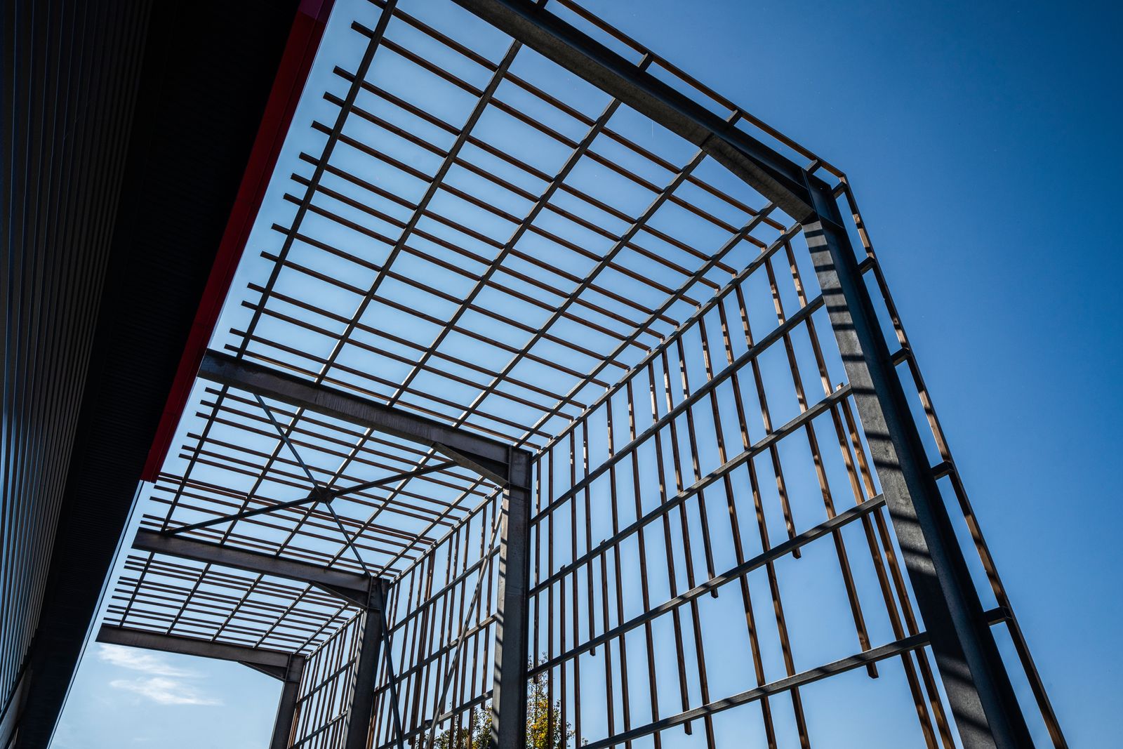 Steel canopy structure seen from below