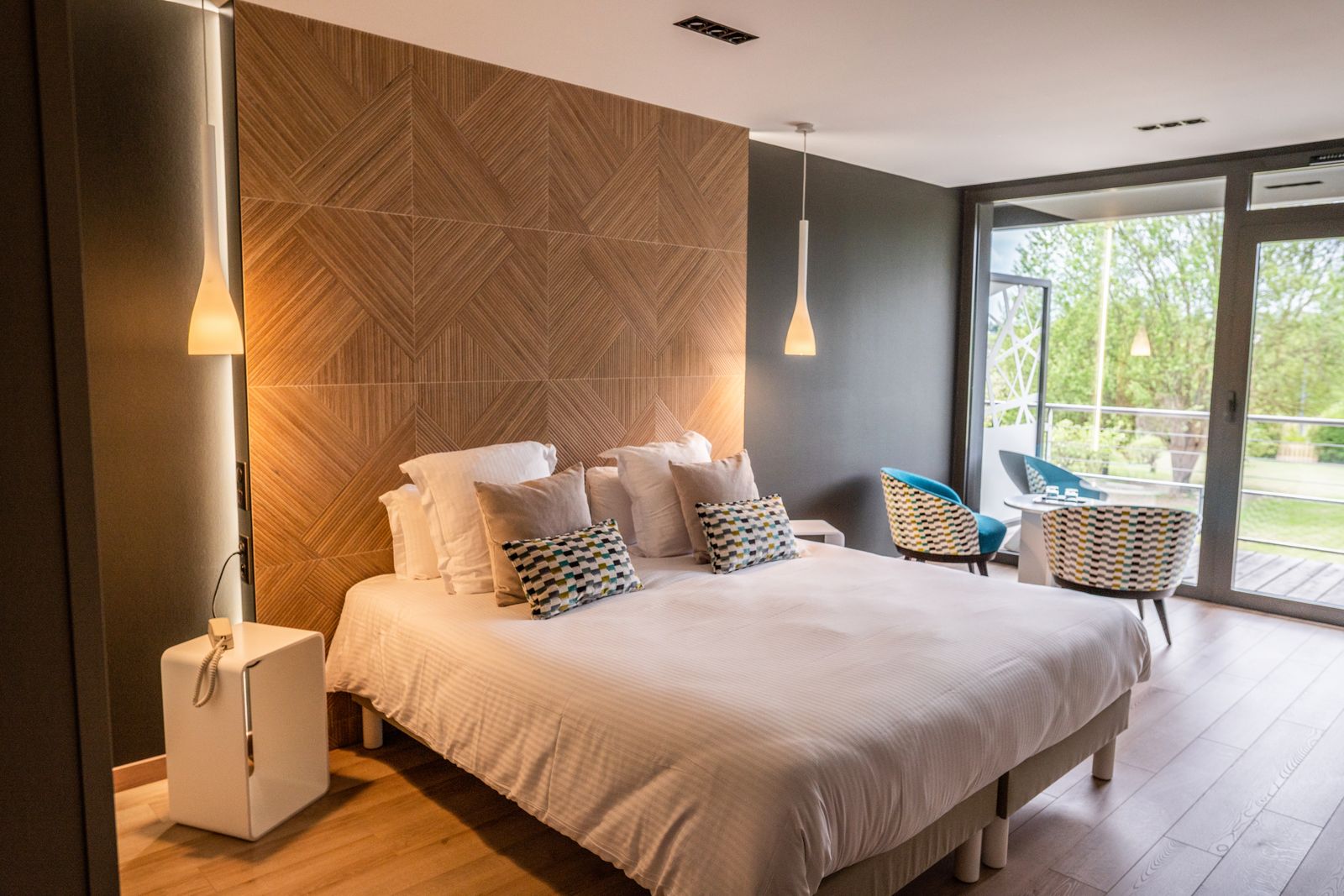 Hotel room, marquetry wood headboard