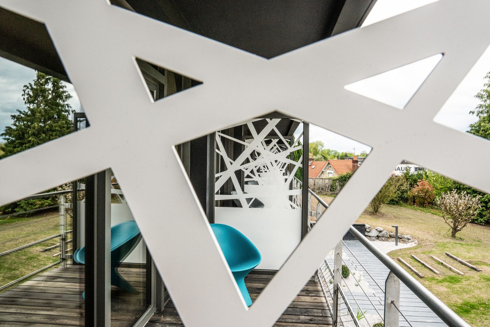 Patterned balustrades on a hotel terrace