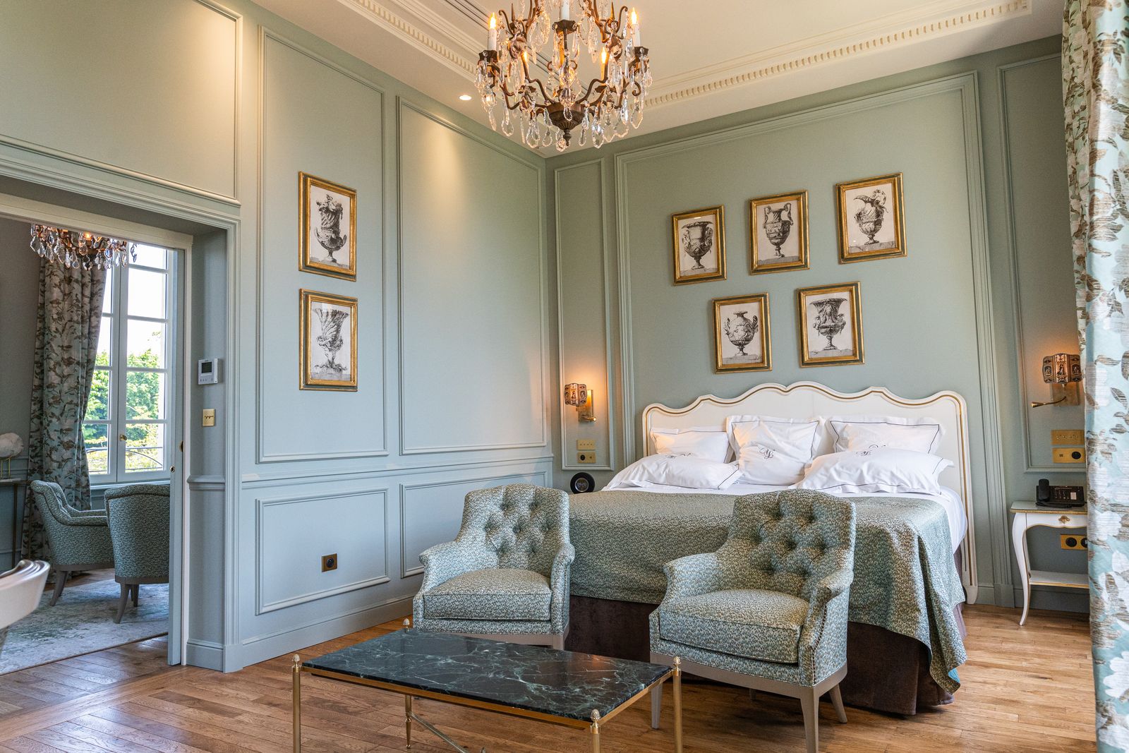 Hotel room with duck-egg panelling