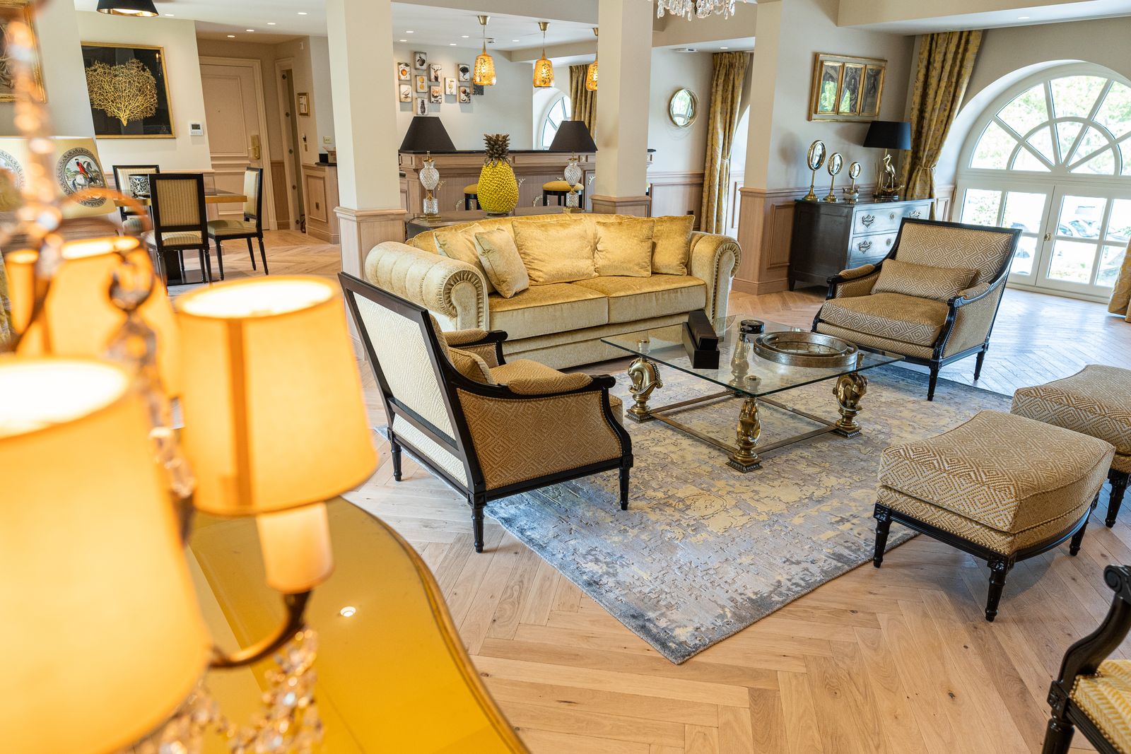 Hotel lounge, lamps and yellow sofas